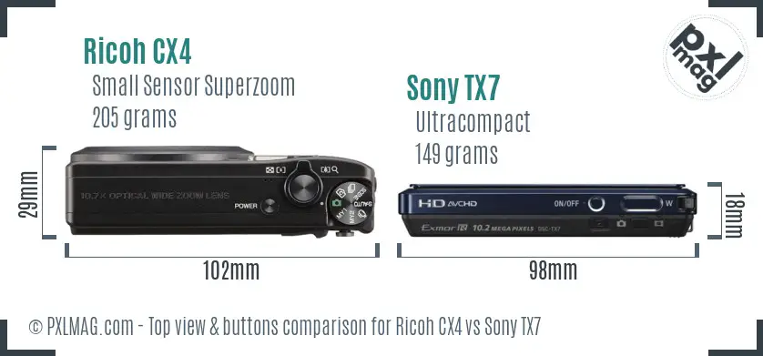 Ricoh CX4 vs Sony TX7 top view buttons comparison
