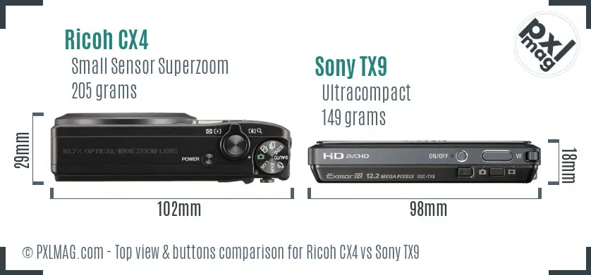 Ricoh CX4 vs Sony TX9 top view buttons comparison
