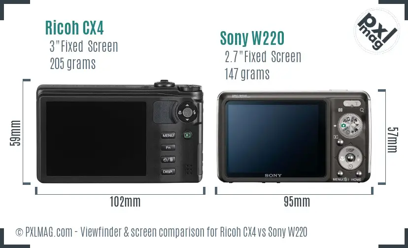 Ricoh CX4 vs Sony W220 Screen and Viewfinder comparison