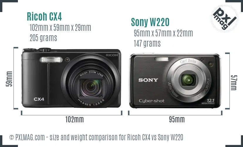 Ricoh CX4 vs Sony W220 size comparison