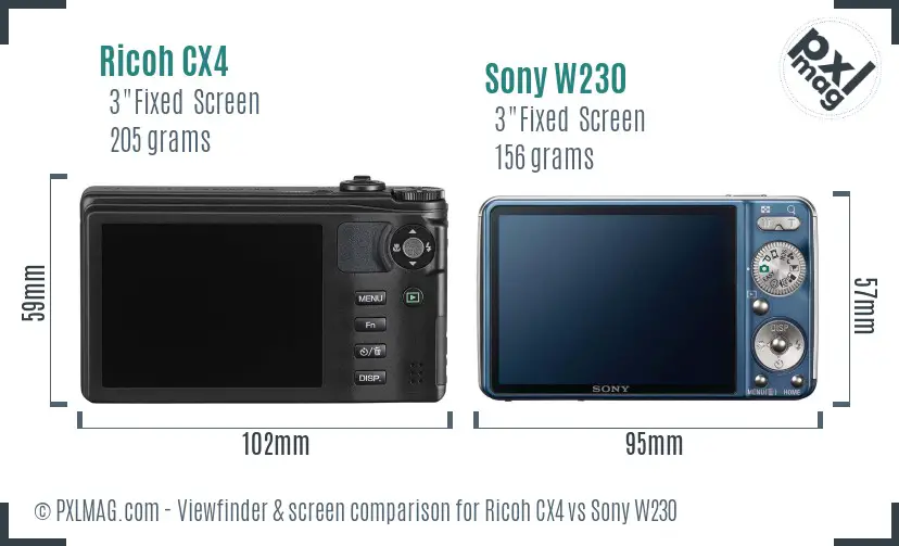 Ricoh CX4 vs Sony W230 Screen and Viewfinder comparison