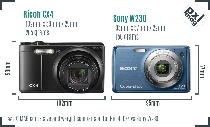 Ricoh CX4 vs Sony W230 size comparison