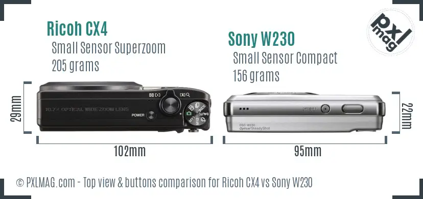 Ricoh CX4 vs Sony W230 top view buttons comparison