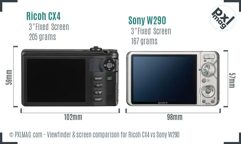 Ricoh CX4 vs Sony W290 Screen and Viewfinder comparison