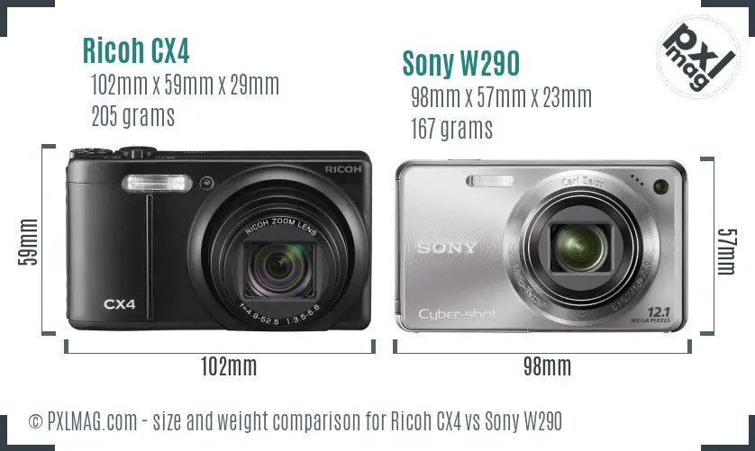 Ricoh CX4 vs Sony W290 size comparison