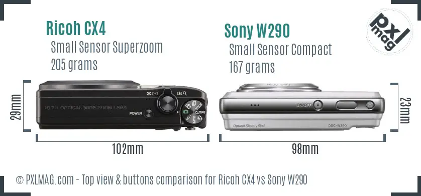 Ricoh CX4 vs Sony W290 top view buttons comparison