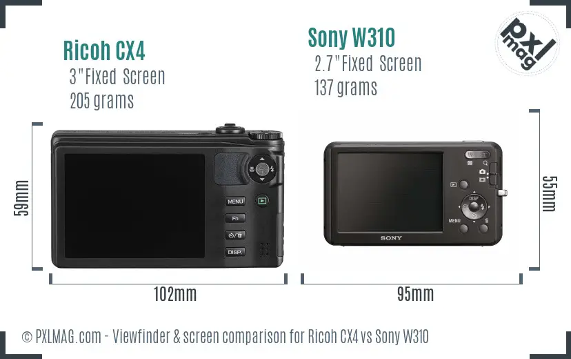 Ricoh CX4 vs Sony W310 Screen and Viewfinder comparison