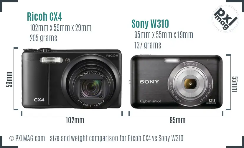 Ricoh CX4 vs Sony W310 size comparison