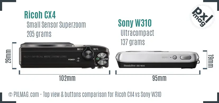 Ricoh CX4 vs Sony W310 top view buttons comparison