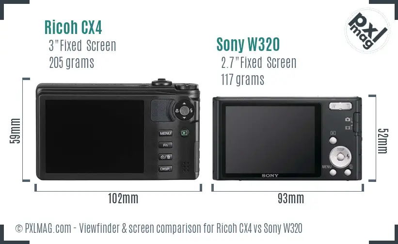 Ricoh CX4 vs Sony W320 Screen and Viewfinder comparison