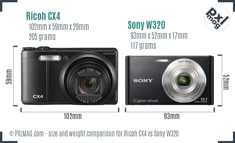 Ricoh CX4 vs Sony W320 size comparison