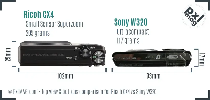 Ricoh CX4 vs Sony W320 top view buttons comparison