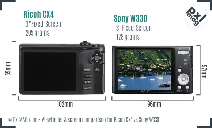 Ricoh CX4 vs Sony W330 Screen and Viewfinder comparison