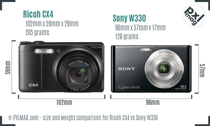 Ricoh CX4 vs Sony W330 size comparison