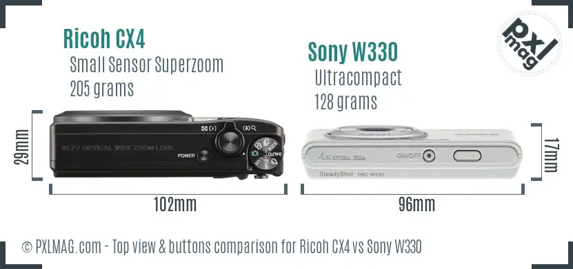 Ricoh CX4 vs Sony W330 top view buttons comparison