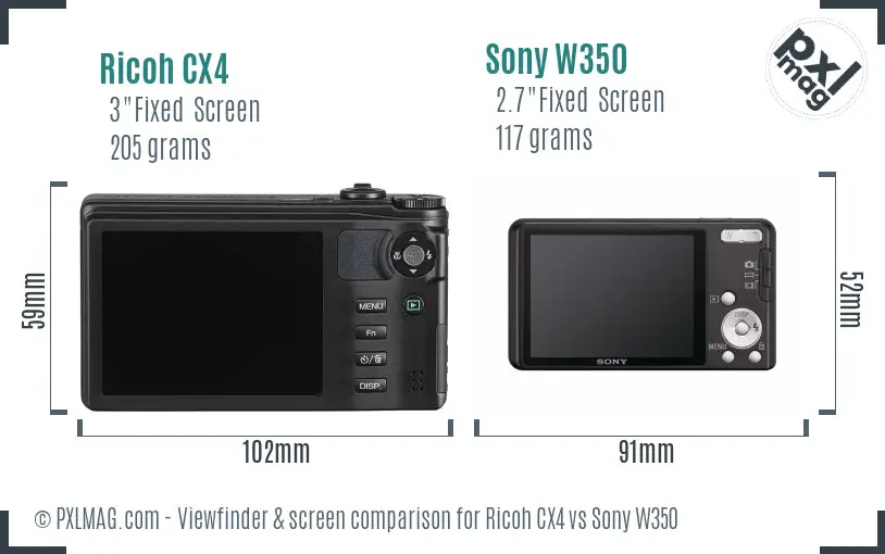 Ricoh CX4 vs Sony W350 Screen and Viewfinder comparison