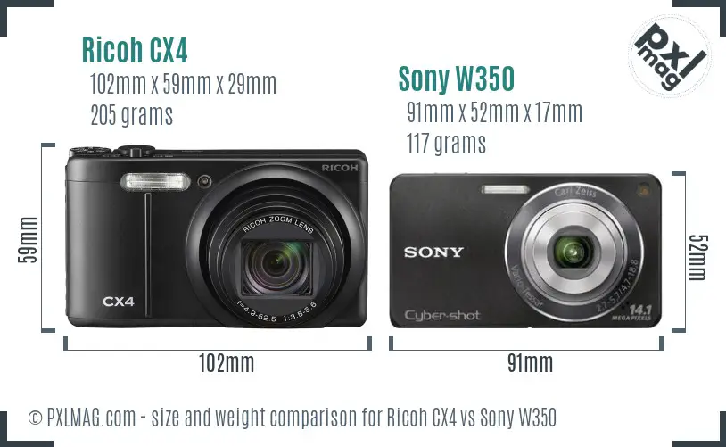 Ricoh CX4 vs Sony W350 size comparison