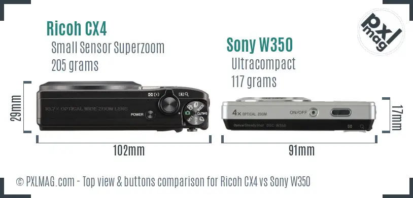 Ricoh CX4 vs Sony W350 top view buttons comparison