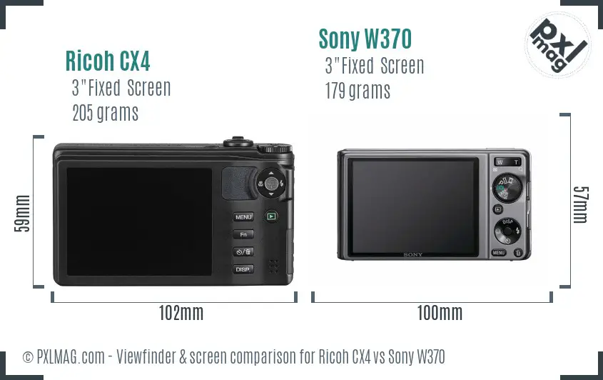 Ricoh CX4 vs Sony W370 Screen and Viewfinder comparison