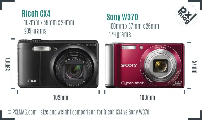 Ricoh CX4 vs Sony W370 size comparison