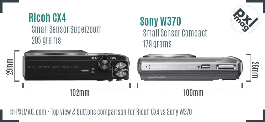 Ricoh CX4 vs Sony W370 top view buttons comparison