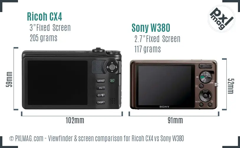 Ricoh CX4 vs Sony W380 Screen and Viewfinder comparison