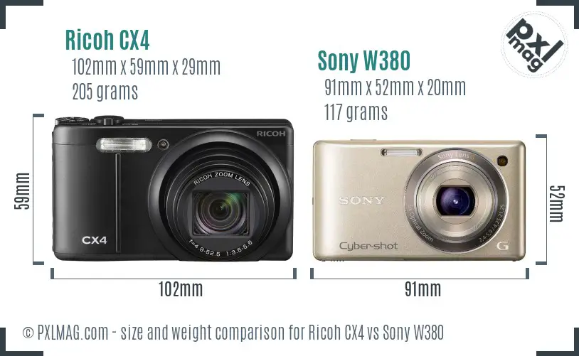 Ricoh CX4 vs Sony W380 size comparison