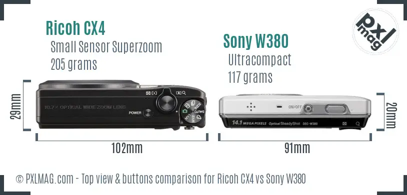 Ricoh CX4 vs Sony W380 top view buttons comparison