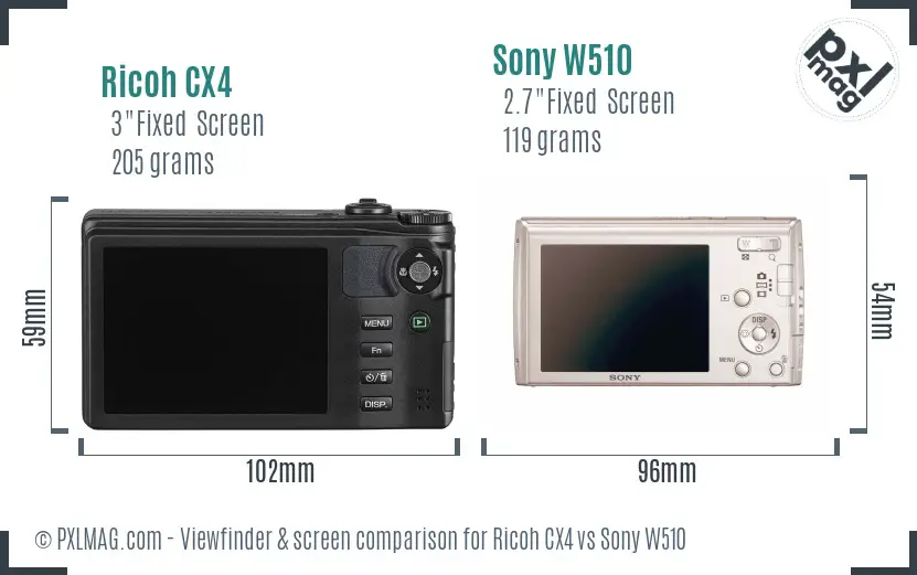 Ricoh CX4 vs Sony W510 Screen and Viewfinder comparison