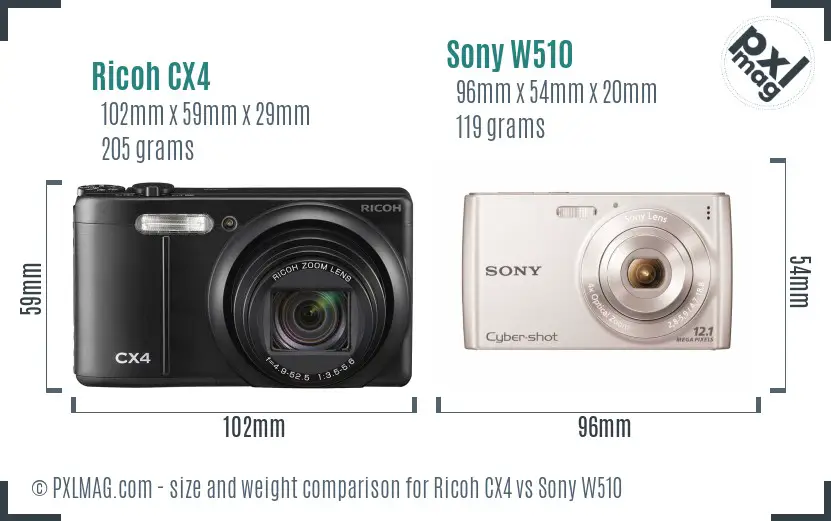 Ricoh CX4 vs Sony W510 size comparison