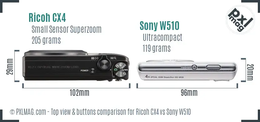 Ricoh CX4 vs Sony W510 top view buttons comparison
