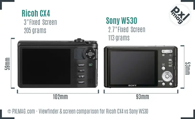 Ricoh CX4 vs Sony W530 Screen and Viewfinder comparison