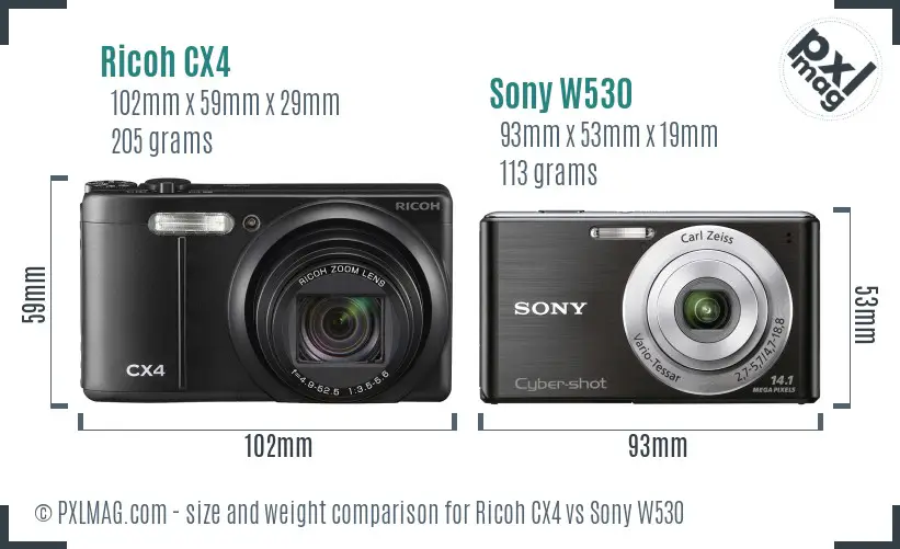 Ricoh CX4 vs Sony W530 size comparison