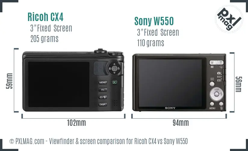 Ricoh CX4 vs Sony W550 Screen and Viewfinder comparison