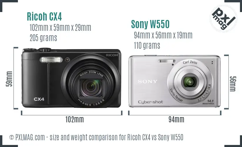 Ricoh CX4 vs Sony W550 size comparison