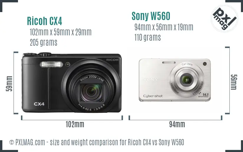 Ricoh CX4 vs Sony W560 size comparison