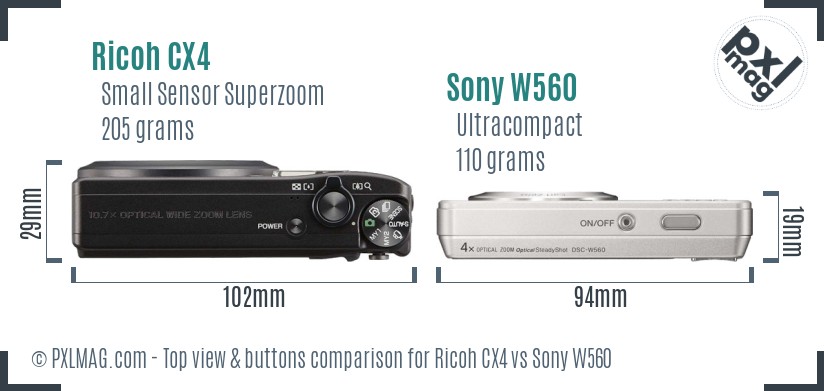 Ricoh CX4 vs Sony W560 top view buttons comparison