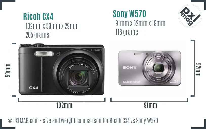 Ricoh CX4 vs Sony W570 size comparison