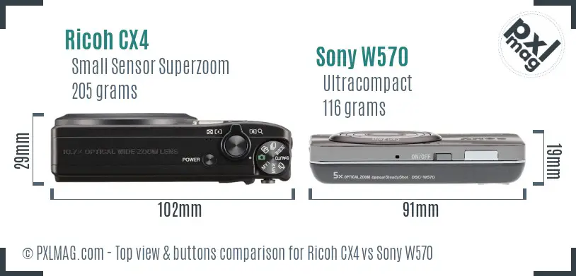 Ricoh CX4 vs Sony W570 top view buttons comparison