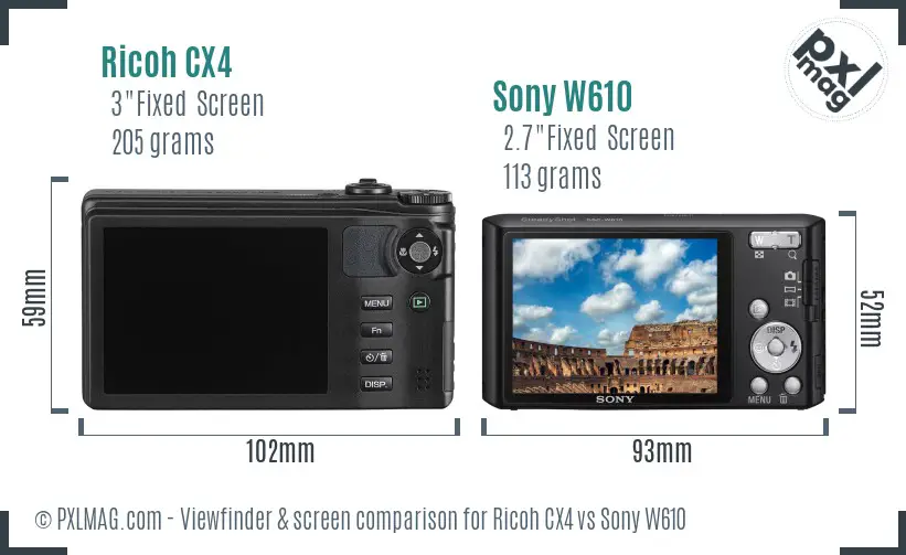 Ricoh CX4 vs Sony W610 Screen and Viewfinder comparison