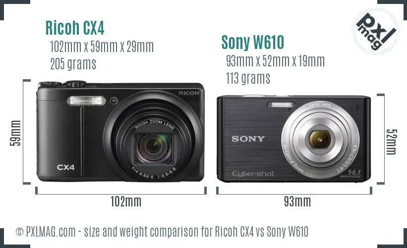 Ricoh CX4 vs Sony W610 size comparison