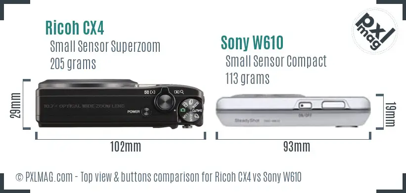Ricoh CX4 vs Sony W610 top view buttons comparison
