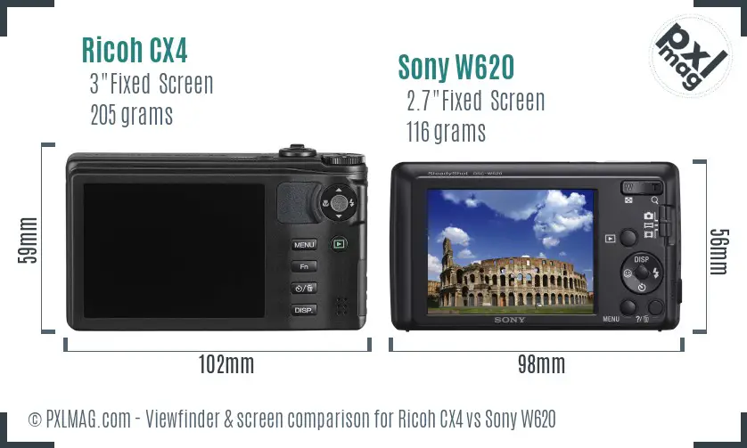 Ricoh CX4 vs Sony W620 Screen and Viewfinder comparison