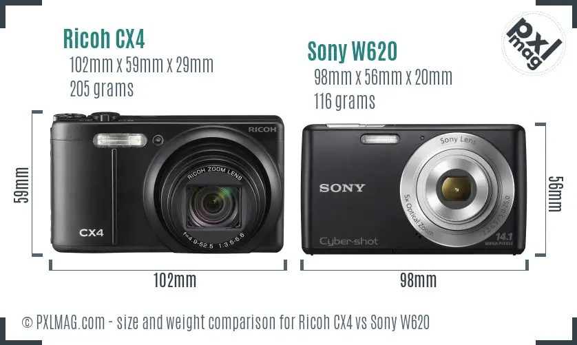 Ricoh CX4 vs Sony W620 size comparison