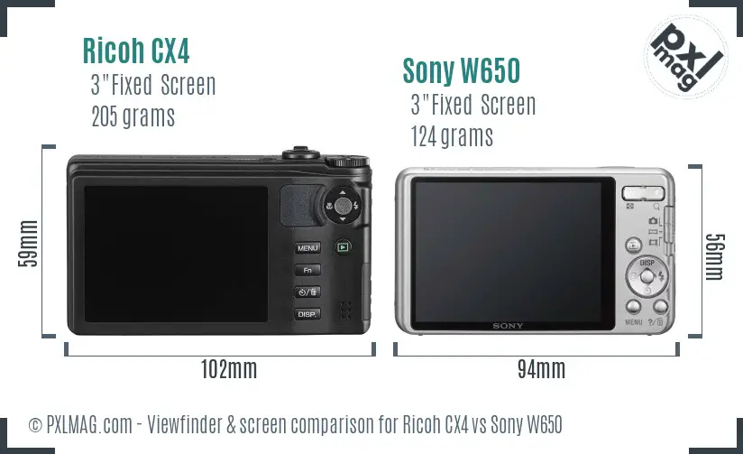 Ricoh CX4 vs Sony W650 Screen and Viewfinder comparison