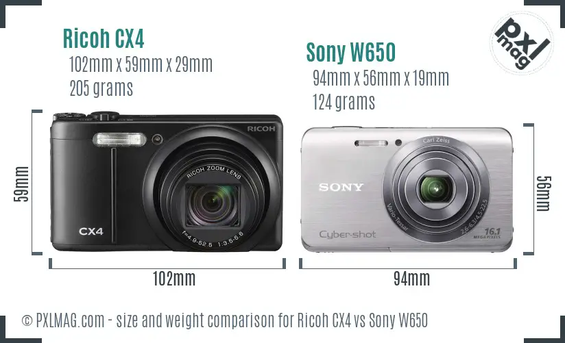 Ricoh CX4 vs Sony W650 size comparison