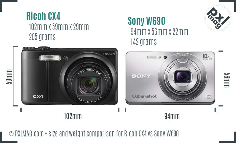 Ricoh CX4 vs Sony W690 size comparison