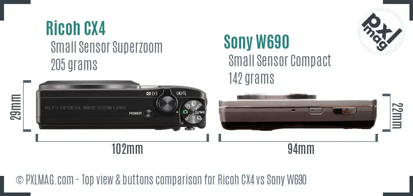 Ricoh CX4 vs Sony W690 top view buttons comparison