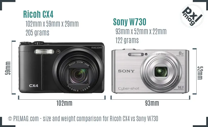 Ricoh CX4 vs Sony W730 size comparison