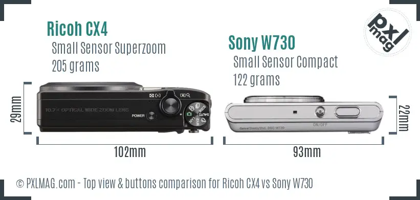 Ricoh CX4 vs Sony W730 top view buttons comparison